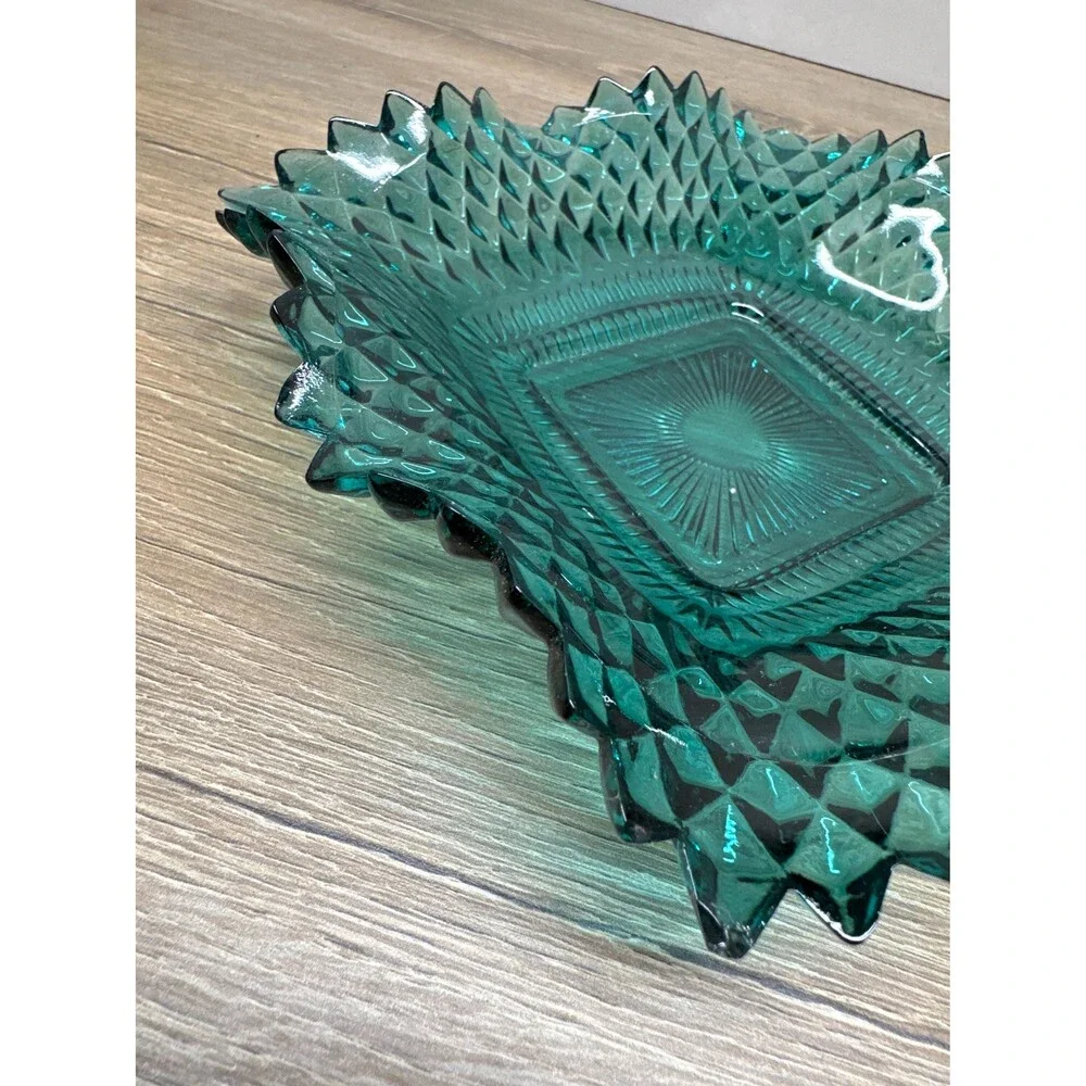 Vintage 1960s Indiana Glass Diamond Point Ruffle Edge Teal Candy Dish, 7 Inches